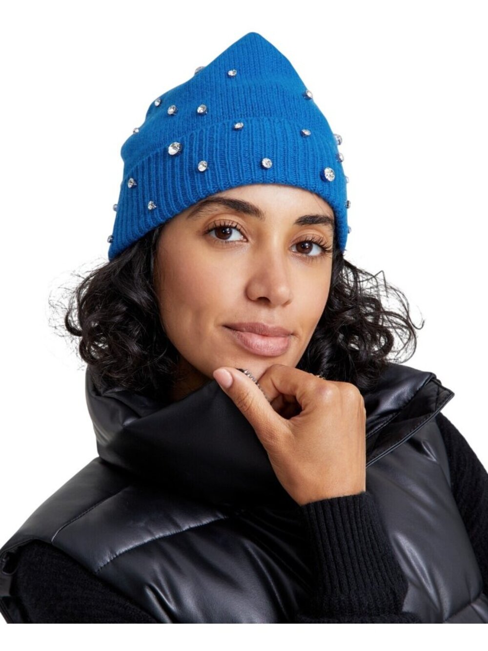 NWT Charter Club 100% Cashmere Embellished Cuffed Beanie Bright Marine Blue
